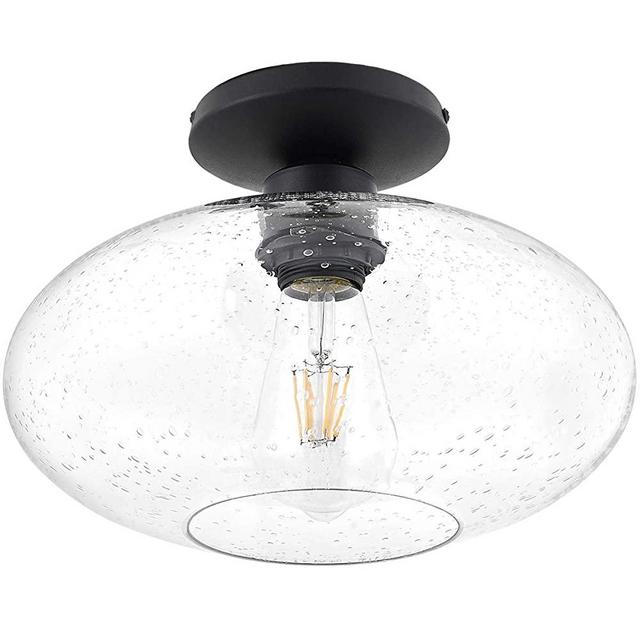 TeHenoo Farmhouse Semi Flush Mount Ceiling Light,Matte Black Ceiling Light Fixture with Seeded Glass Shade for Bedroom,Dining Room,Hallway,Entryway,Foyer,Bedroom, Cafe, Bar, Corridor, Passway