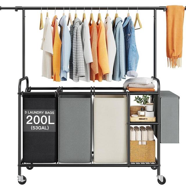 Raybee Laundry Hamper, Laundry Basket, Laundry Sorter, 200L（53Gal）Laundry Basket with Wheels, Laundry Sorter 3 Section, Laundry Hamper with 13" Adjustable Hanging Bar and 3 Tier Shelves