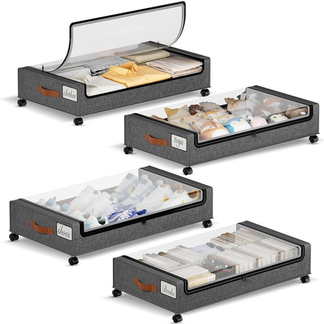 Yecaye Under Bed Storage with Wheels, 4 Pack Under the Bed Storage Containers with Lids & Label, XXL 60L Rolling Underbed Storage Drawers for Clothes, Blankets, Shoes, Hemp Gray