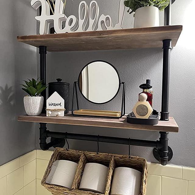 Rogmars Industrial Pipe Bathroom Floating Shelves with Towel Bar and Hooks, Farmhouse Bathroom Shelves with Towel Rack Over Toilet Industrial Pipe Shelving Rustic Wall Shelves 2 Tier 19.7 Inch Brown