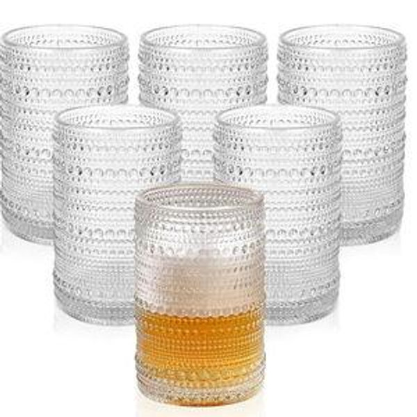 ZMOWIPDL Vintage Glassware Drinking Glasses Set of 6,15 oz Hobnail Glass Cups,Embossed Clear Water Tumbler,for Beer,Cocktail,Whiskey,Juice and Various Mixed Drinks- 1 Cleaning Brush