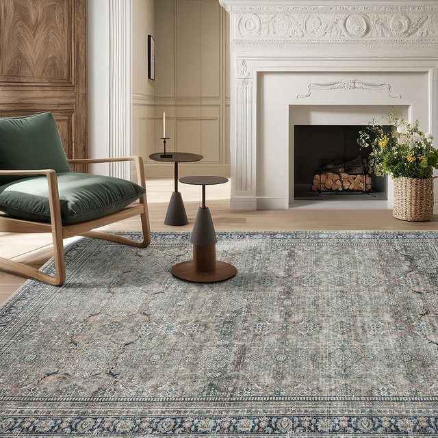 Srugn Washable Rugs 8x10 Area Rugs for Living Room,Rugs for Bedroom,Large Carpets,Ultra Soft Faux Wool Retro Dining Room Rug,Non Slip&Non-Shedding Low Pile Vintage Print Rug for Home Office,Green
