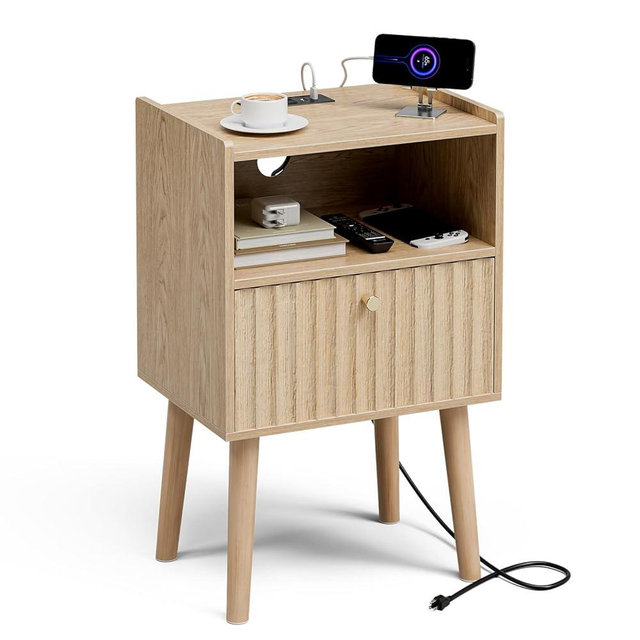 LCRBOL Side Table with Charging Station, Modern End Table with Fluted Drawer, Bedside Table, Night Stand with 2 Tiers Storage Space, for Bedroom, Living Room, Oak