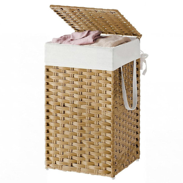 SONGMICS HOME Laundry Hamper with Lid, Clothes Basket with Removable Liner and Handles, 17.2 Gallon, Foldable Narrow Laundry Organizer for Bathroom, Bedroom, Light Brown