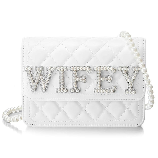 Eccliy Wifey Gift Mrs Bride White Leather Bag with Pearl Chain Clutch Evening Bag for Wedding Anniversary