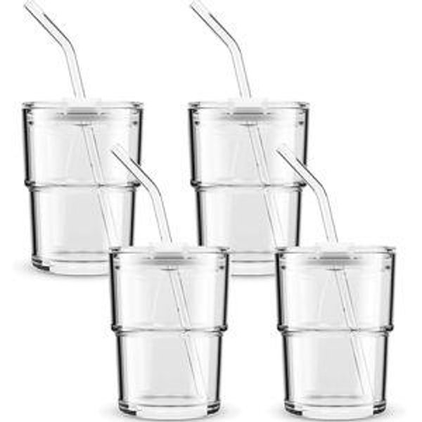13 oz Tumbler Water Glass, Water Bottle with Straw and Dustproof Lid, Coffee Ice Cup Double Wall Insulated Glass Cup (White-4pack)