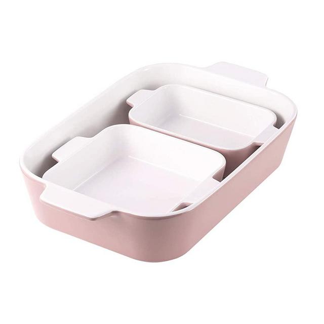 HAPPY KITCHEN 3-Piece Ceramic Baking Dish, Premium Grade and Eco-Friendly Porcelain, Pastel Color, Rectangular Baking Dish for Cooking, Kitchen, Cake Dinner, Banquet and Daily Use，12.8 x 8.9 Inches Durability and Safety Easy to Clean (Sakura Pink)
