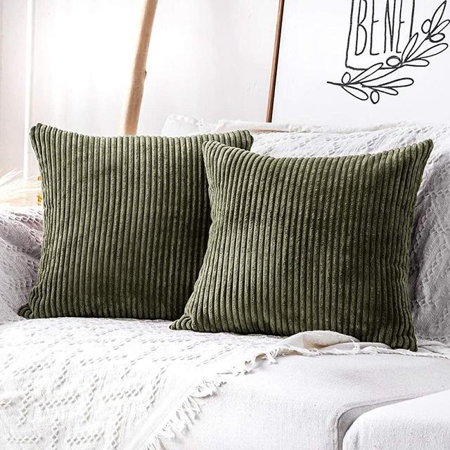 MUDILY Pack of 2 Throw Pillow Covers Striped Velvet Corduroy Couch Pillow Cushion Covers Pillowcases for Sofa Bedroom Car, Olive Green 12 x 12 inch