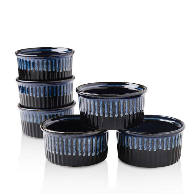 KOOV Ceramic Souffle Cups, 6 Ounce Porcelain Ramekin, Baking Cups, Pudding Cups for Baking and Cooking, Dip Bowls, Sauces Cups Reactive Glaze Set of 6, Nebula Blue