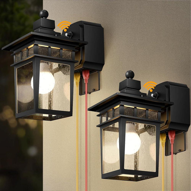 APOTO 2 Pack Outdoor Light with GFCI Outlet,Black Dusk to Dawn Porch Lights Outdoor Wall Light Fixture with Outlet,Aluminum Exterior Lighting Fixtures Wall Mount,Waterproof Outside Lights for House