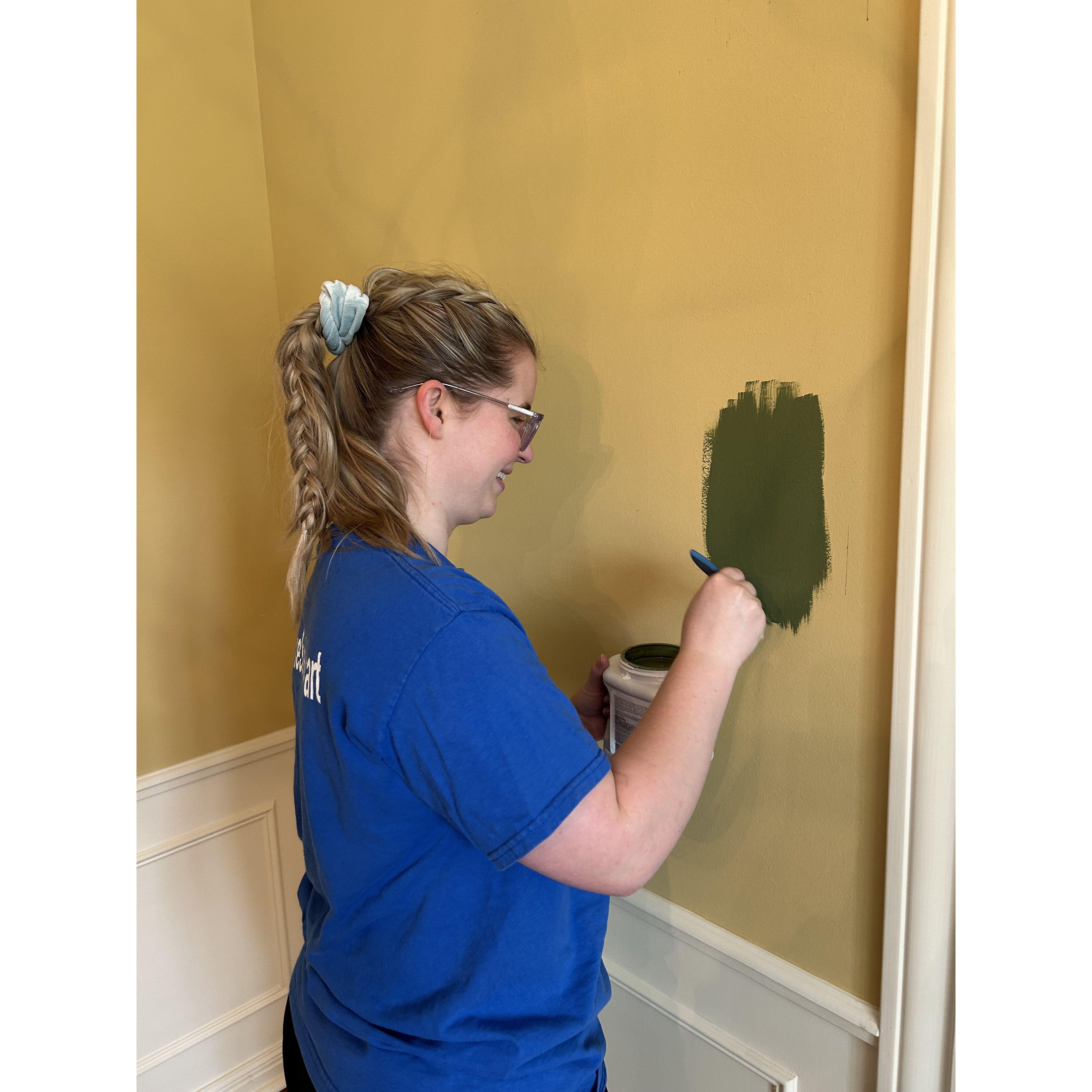 Some of our first paint strokes in our new Oak Moss green dining room.