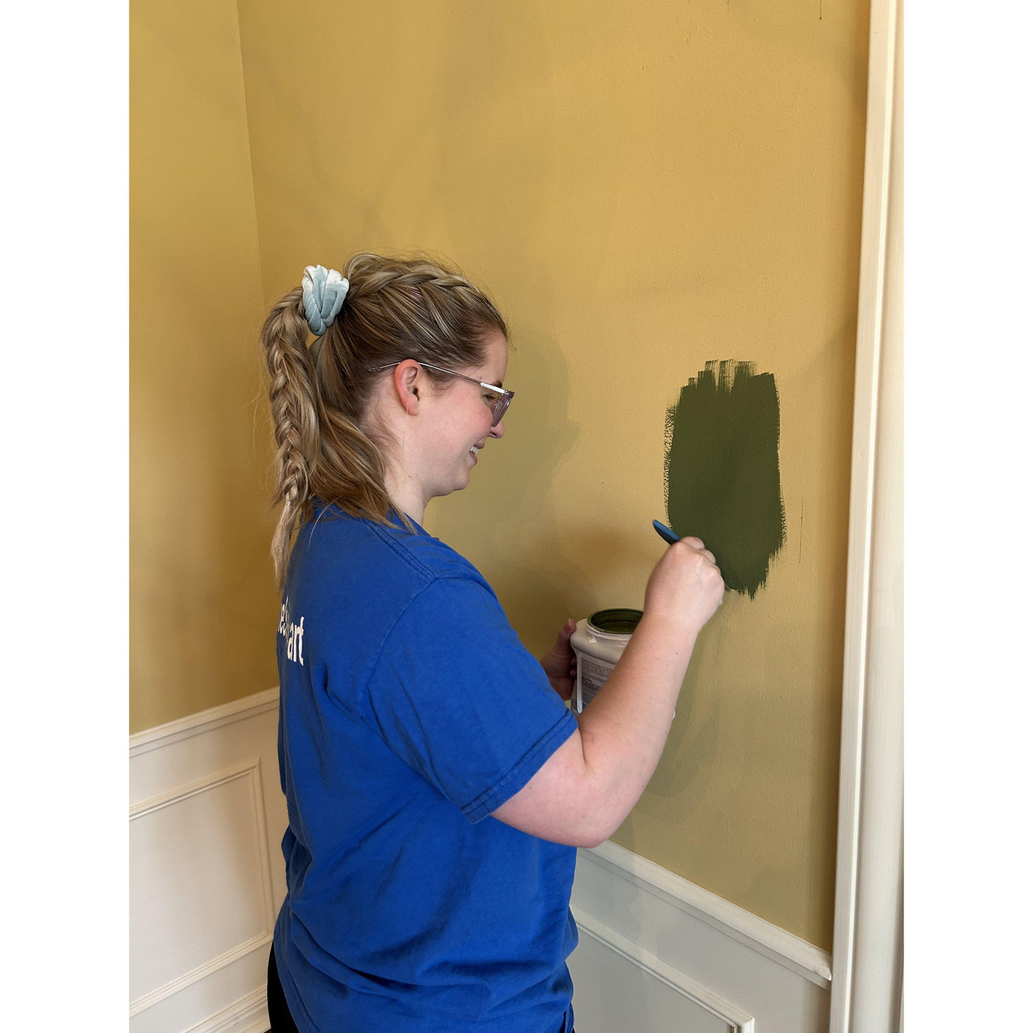 Some of our first paint strokes in our new Oak Moss green dining room.