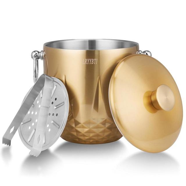LRYYBTI Ice Bucket with Lid, 3L Double Wall Stainless Steel Ice Bucket Keeps Frozen Longer, Insulated Ice Bucket with Tong and Strainer, Perfect for Parties, Cocktail bar, Wine, Champagne, Gold