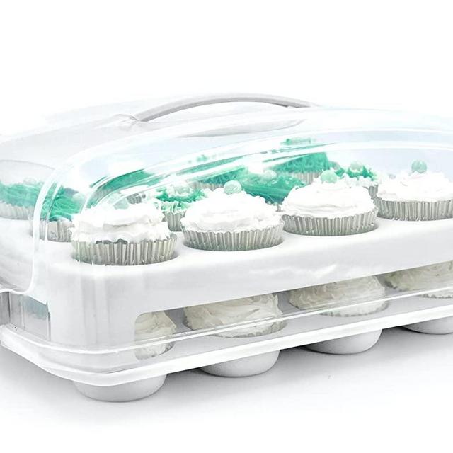 Top Shelf Elements Cupcake Carrier, Fashionable White Holder Carries 24 Gourmet Cupcakes, Durable Muffin Traveler Airtight Storage Two Tier Stand and Reusable Cupcake Box