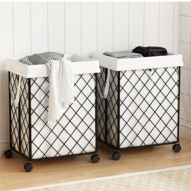 2 Wire Laundry Hampers,98L Heavy Duty Metal Laundry Basket, Large Capacity Foldable Quick Installation with 360° Swivel Rolling Wheel, Removable Liner, Suitable for Home, College Dorm, Laundry Room