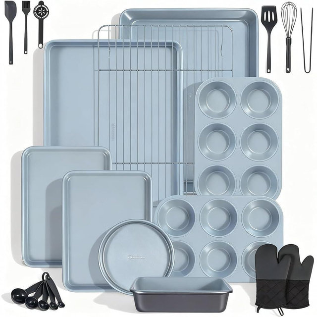 Ammeloo 22-Piece Baking Pans Set Stackable Bakeware Non Stick Baking Set Non Toxic Oven Pans, Including Roasting Pan, Cookie Sheets, Muffin Pans, Cake Pans, Oven Mitts and Utensils(Gray & Stone Black)