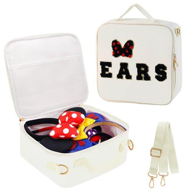 Chenille Letter Bow Mouse Ears Travel Case, Park Ears Headband Holder Hair Accessories Organizer Bag for Girls Women Kids Adults, Large Makeup Bag Snack Bags with Zipper for Travel Picnic - White