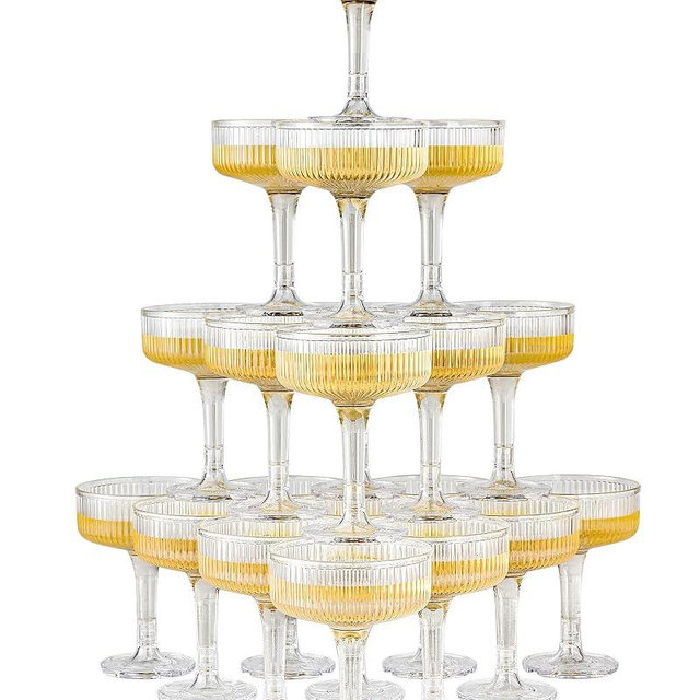DORONAN 20 Pack Plastic Champagne Tower, 7oz Champagne Coupe Unbreakable Plastic Cocktail Glasses Acrylic Martini Glasses for Wedding Birthday Party Bar, Clear