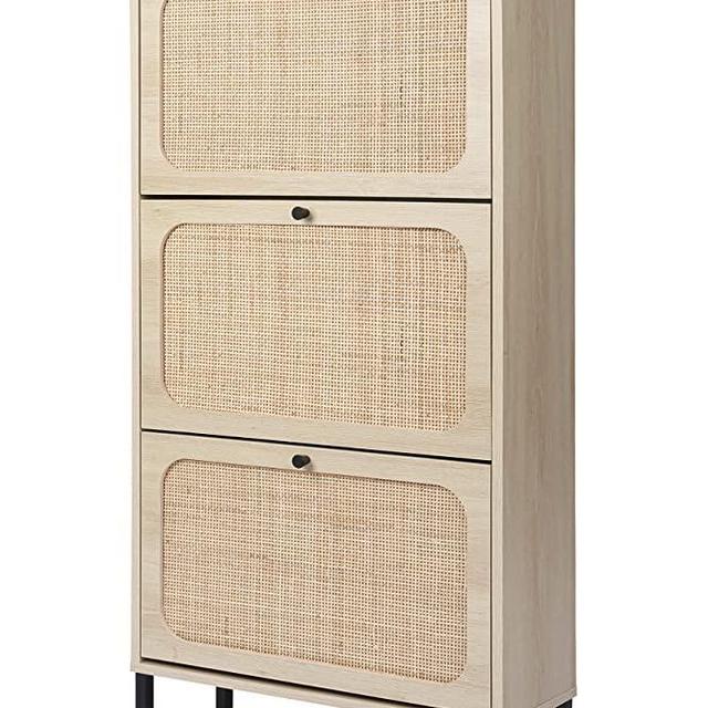 ZeHuoGe Natural Rattan Shoe Cabinet with 3 Flip Drawers, Modern 3-Tier Shoe Rack Storage Cabinet for Heels, Boots, Slippers, Free Standing Shoe Rack, Entrance Hallway Entryway
