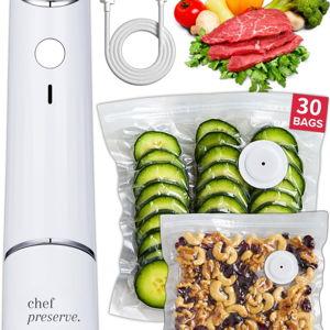 Chef Preserve Compact Vacuum Sealer for Food (Vacuum Sealer Machine + 30 Reusable Vacuum Bags) Powerful Handheld Vacuum Sealer Machine, Seal Meal Saver, Portable Food Sealer