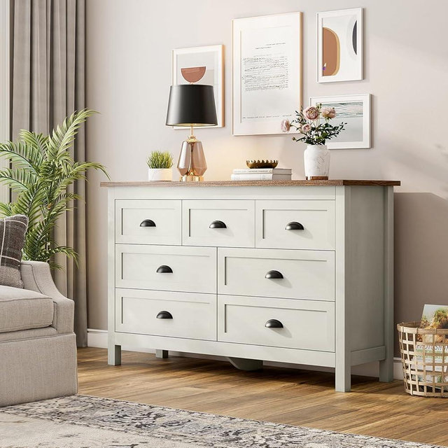 Wananlanen Farmhouse 7 Drawer Dresser for Bedroom, Antique Double Dresser & Chest of Drawer with Vintage Handle and Storage, Wood Rustic Dresser Organizer for Living Room, Hallway(Antique White)