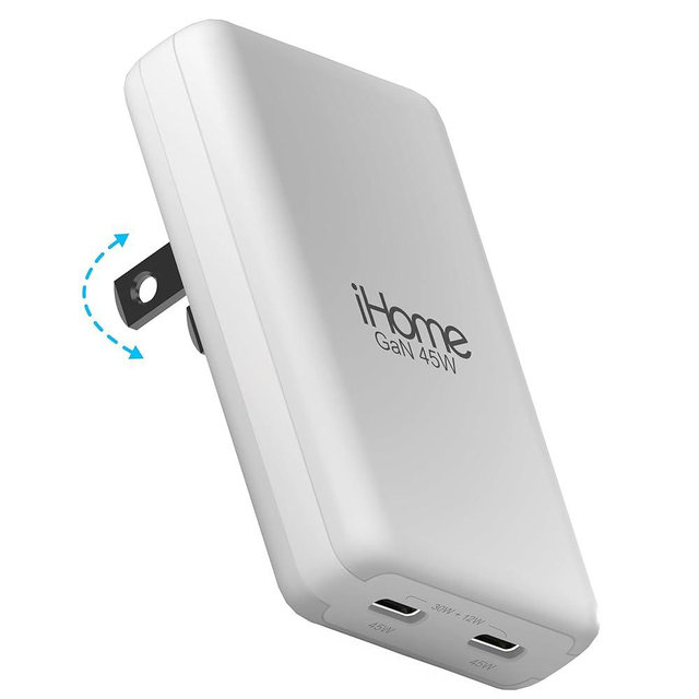 iHome GaN Universal Slim Charger, USB C Block with Power Delivery, Folding Prongs, Travel Friendly, Compact for Phone, Tablet, and USB-C Devices (White, GaN 45W (Slim))