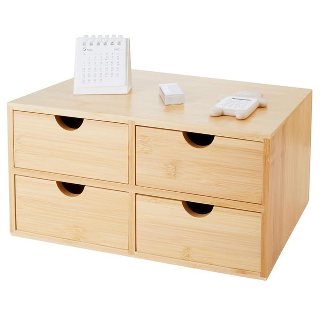 Bamboo Desk Organizer 4 Drawers, Countertop Organizer with Drawers Makeup Storage Drawer 4 Drawers Tabletop Storage Organization Box Home Office Workspace