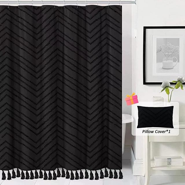 Boho Shower Curtain Black Tassle Woven Fabric Shower Curtain Modern Farmhouse Textured Tufted Chevron Striped Minimalist Bathroom Shower Curtain 72 x 72 Black