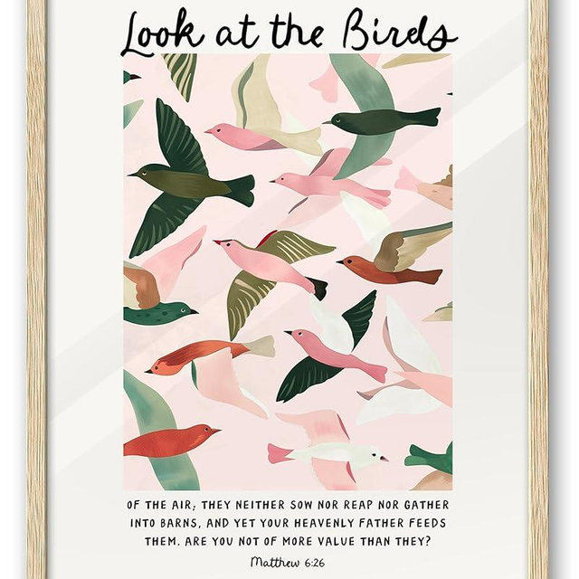 EcoHest OAK Wood Framed Wall Art, 12x16in Matthew 6 Look At the Birds of the Air Bible Verse Christian Wall Art, Modern Bedroom Decor For Living Room Bathroom Religious Gift 1Pack