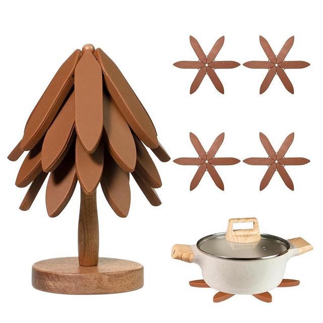 Yuoyar Silicone Tree Trivets for Hot Dishes - Trivets Mat Set with Stand - Hot Pads Pot Holders for Kitchen (Brown)