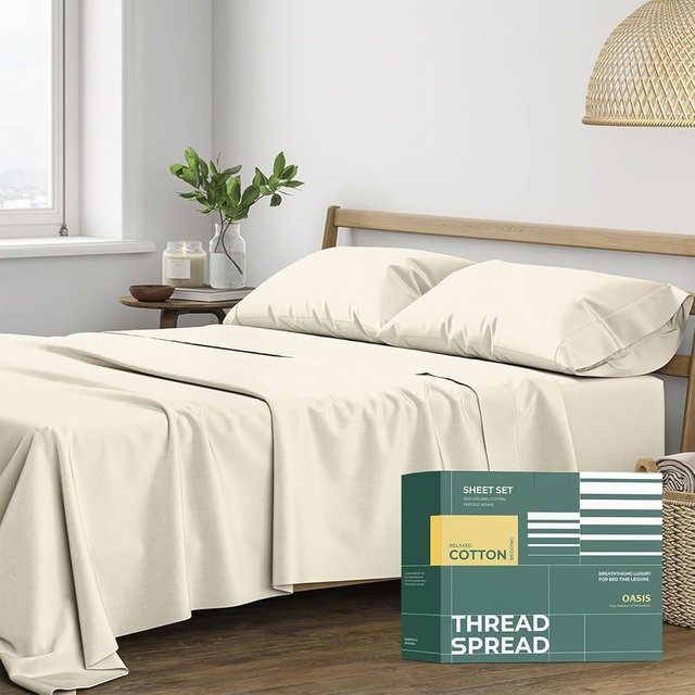 THREAD SPREAD 100% Organic Cotton Sheets Queen Size - 4 PC Organic Cotton Queen Percale Size Weave Sheet Set, Soft, Cooling, Crisp & Breathable, 16" Deep Pocket Hotel Quality Bedding Set - Ivory