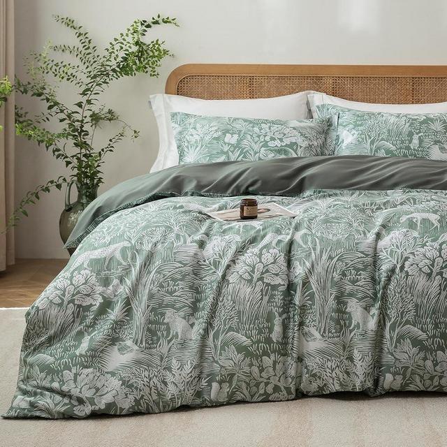 MILDLY King Size Duvet Cover Set 100% Long-Staple Cotton Luxury Green Floral Patten Reversible Comforter Cover Set 3Pcs