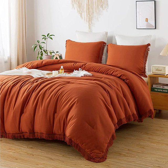 Andency Terracotta Tassel Comforter Set Queen(90x90Inch), 3 Pieces(1 Boho Comforter, 2 Pillowcases) Farmhouse Shabby Chic Comforter Set, Soft Microfiber Lightweight Fringe Bedding Comforter Set