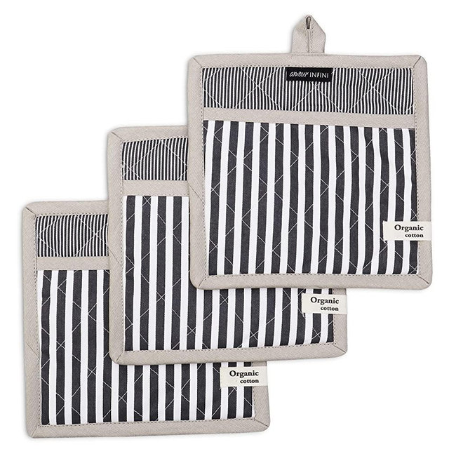 AMOUR INFINI Pot Holders Stripe| Set of 3 | 8 x 8 inches | 100% Natural Cotton | Durable Heat Resistant for Kitchen and Machine Washable | Eco - Friendly & Safe | Charcoal