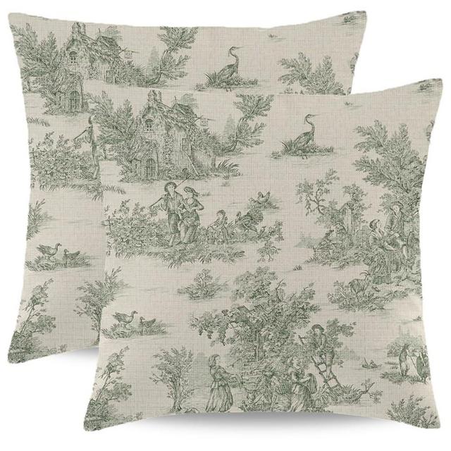 Wsunsal Dark Green Toile Pillow Covers 16x16 Inch Set of 2 Vintage French Country Throw Pillow Cover Farmhouse Square Linen Cushion Cover Decor for Home Sofa Bedroom Outdoor Indoor