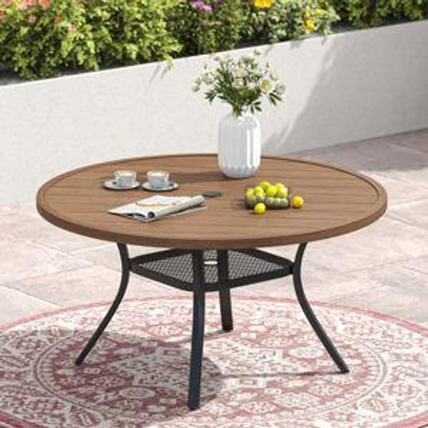 Teressa Round Metal Outdoor Dining Table With Umbrella Hole , 53'' in. W 53'' in. D - Brush Wood Brown/Black, 28''H x 47.2''W x 47.2''L