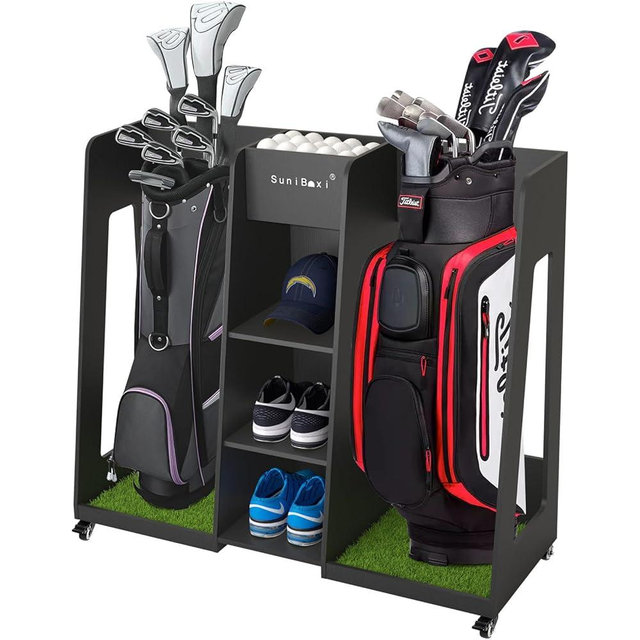 Golf Bag Organizer Storage Rack Stand Holder Fits 2 Extra Large Golf Club Bags and Multiple Golfing Equipment Accessories Great Gifts for Any Skill Level Golfer