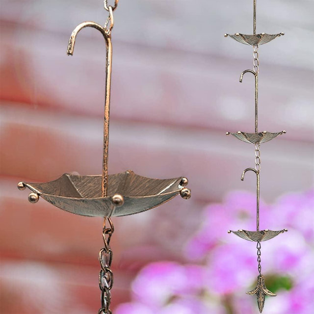 8.5 FT Rain Chains, Copper Rain Catcher Chain with 8 Umbrella Large Cups for Gutters Downspout, Rainwater Diverter Rain Chimes for Garden Decor, Replacement for Outside Gutter Downspouts in Summer.