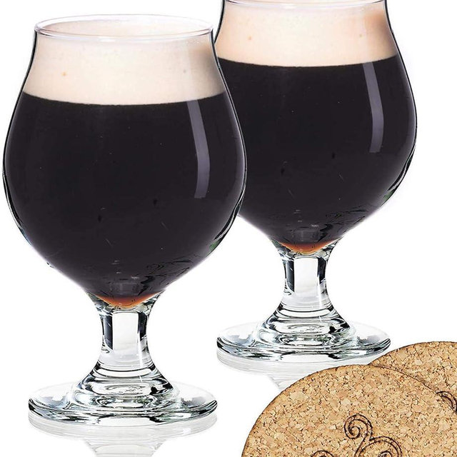 ECODESIGN-US Beer Glasses Belgian Style Tulip - 16 Oz - Set of 2 w/Coasters - Birthday Housewarming Bachelor Party Glassware Gift