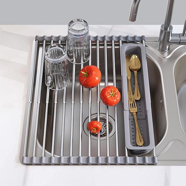 Roll Up Dish Drying Rack, JASIWAY Expandable 304 Stainless Steel Portable Over The Sink Dish Drainer for Kitchen Sink Counter, Fordable Sink Cover with Removable Utensil Holder(12.79"-23.23")