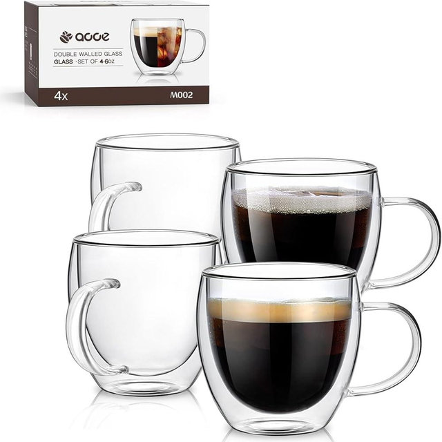 Potdoctor Espresso Cups Set of 4,5oz Hand Blown Double Walled Insulated Espresso Coffee Mugs with Handle,Perfect for Cappuccino, Latte, Tea, Clear Glass Espresso Shot Cups Suitable for Coffee