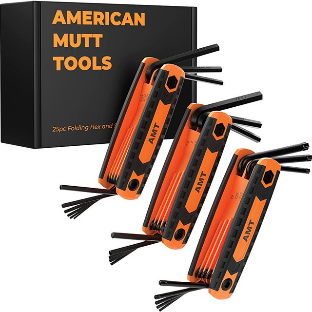AMERICAN MUTT TOOLS 25pc Folding Allen Wrench Set and Star Wrench Set – Includes Star, Metric & Standard SAE Hex Key Set – Allen Wrenches Sets – Portable Allen Key Set, Folding Torx Wrench Set