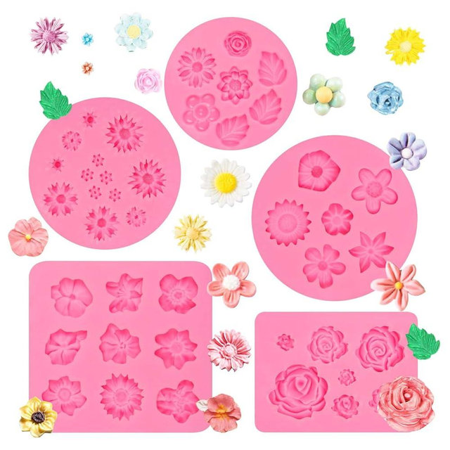 Muyulin Mini Rose Flowers Chocolate Silicone Molds, 5 Packs Plumeria Fondant Molds Chrysanthemum Mould for Birthday Cake Decoration Cupcake Toppers Sugar Craft Cookie Polymer Clay Resin