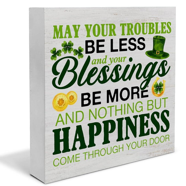 St. Patricks Day Decor, Rustic Irish Blessings Decorations May Your Troubles Be Less Wood Block Sign Home Tabletop Shelf Desk Decor, St Patricks Day Decorations, 5 X 5 Inches