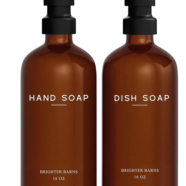 Amber Glass Hand and Dish Soap Dispenser Set by Brighter Barns - Modern Kitchen Decor & Accessories for Airbnb, RV, Office, Housewarming Gifts (Amber)