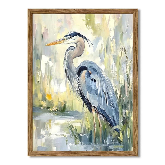 Framed Blue Heron Wall Art, Watercolor Sea Bird Pictures Wall Decor, Coastal Nature Wildlife Animal Paintings Canvas Prints for Living Room Bedroom Bathroom Office Home Decor 16x24 inch
