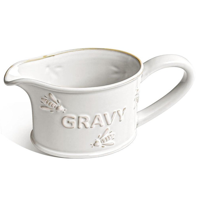 LE TAUCI 17oz Gravy Boat, Ceramic Sauce Boat for Salad Dressings, Creamer, Broth, Black Pepper, Set of 1, Arctic White, Bee Pattern