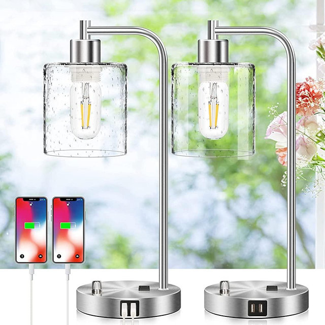 Set of 2 Industrial Table Lamps with 2 USB Port & AC Outlet, Fully Stepless Dimmable Lamps for bedrooms, Silver Bedside Nightstand Desk Lamps with Glass Shade for Living Room 2 LED Bulb Included