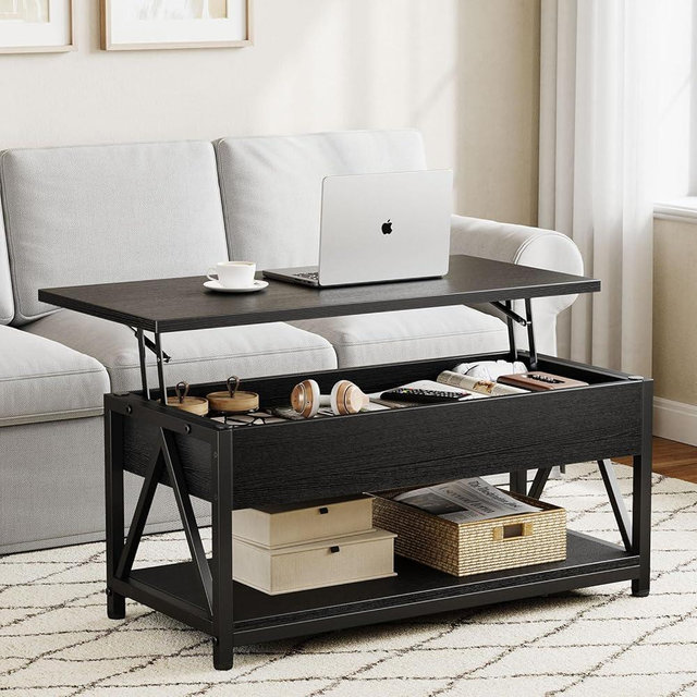 Memobarco Lift Top Coffee Table,Lift Coffee Tables with Storage Shelf and Large Hidden Compartment for Living Room,Lift Tabletop Dining Center Table for Small Space, Black