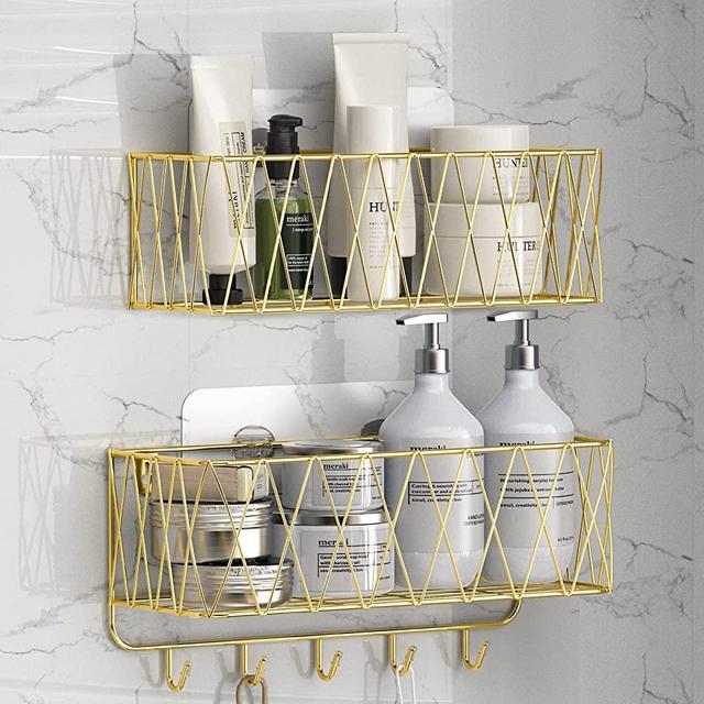 Iperlife Adhesive Shower Caddy Basket Shelf, Christmas Gift Bathroom Shampoo Organizer Shelves, Kitchen Storage Rack, No Drilling Wall Mounted Rustproof Shower Shelf for Inside Shower - 2 Pack (Gold)
